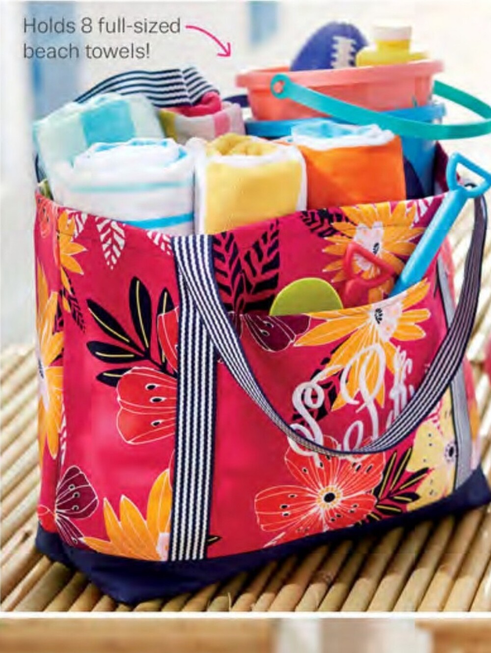thirty-one Hot Pink Floral Tote with Yellow & Orange Flowers